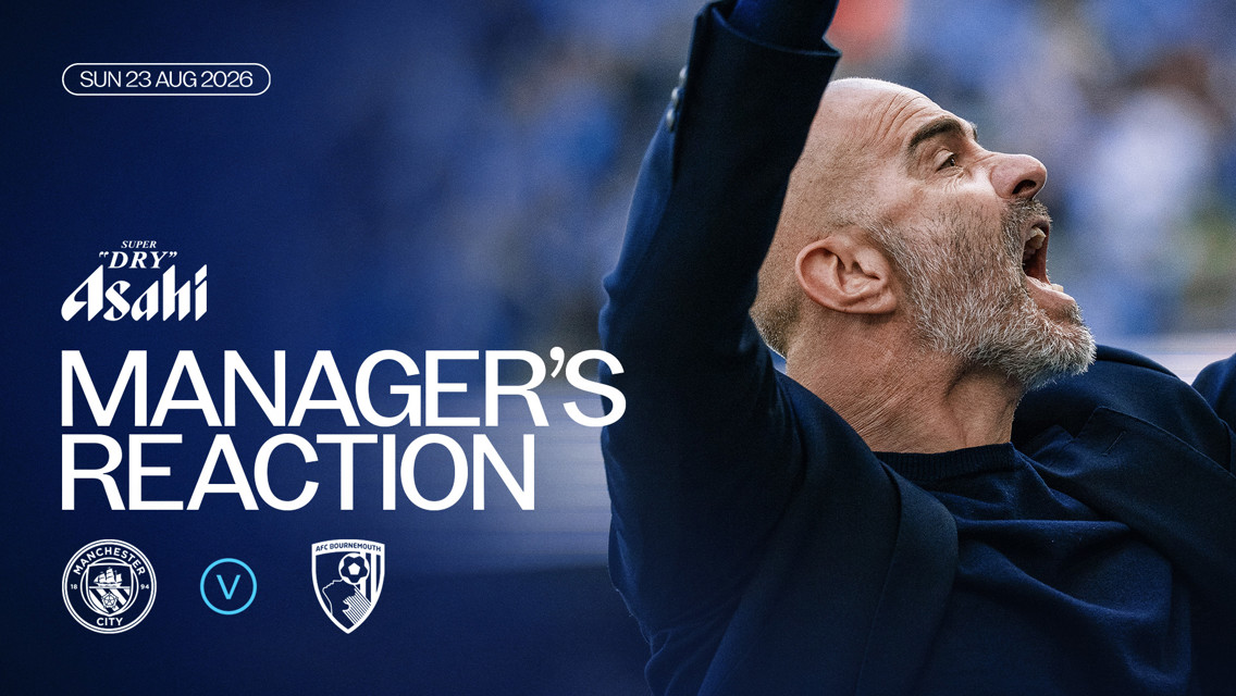 Graphic showcasing Manager's reaction for a match between Manchester City and AFC Bournemouth on Sun 23 Aug 2026 with a sponsor logo and team logos.