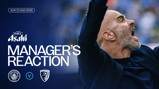 Graphic showcasing Manager's reaction for a match between Manchester City and AFC Bournemouth on Sun 23 Aug 2026 with a sponsor logo and team logos.