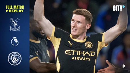 A Manchester City player celebrating during a game against Crystal Palace. The image includes logos of Crystal Palace FC, Manchester City FC, and Premier League, with text 'FULL MATCH REPLAY' and 'CITY+'.