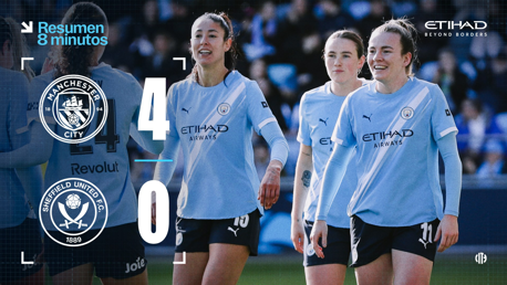 Manchester City Women's team defeated Sheffield United 4-0 as shown by the scoreboard and team logo. Players in light blue jerseys on the field.