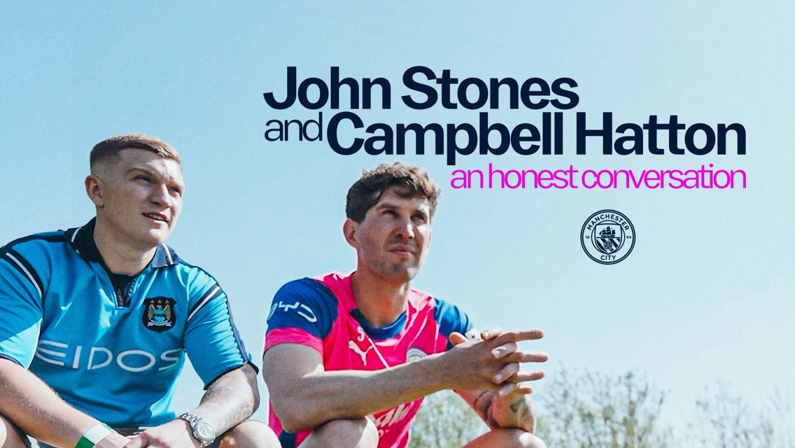 Image featuring text about a conversation between John Stones and Campbell Hatton. It includes the Manchester City logo and individuals wearing different football-related shirts.