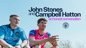 Image featuring text about a conversation between John Stones and Campbell Hatton. It includes the Manchester City logo and individuals wearing different football-related shirts.