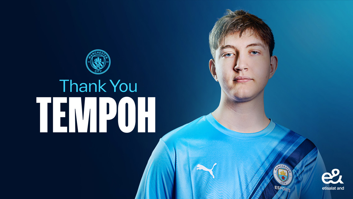 A Manchester City Esports thank you graphic with 'Thank You TEMPOH' text, Manchester City crest, and Puma logo on a light blue gradient background.