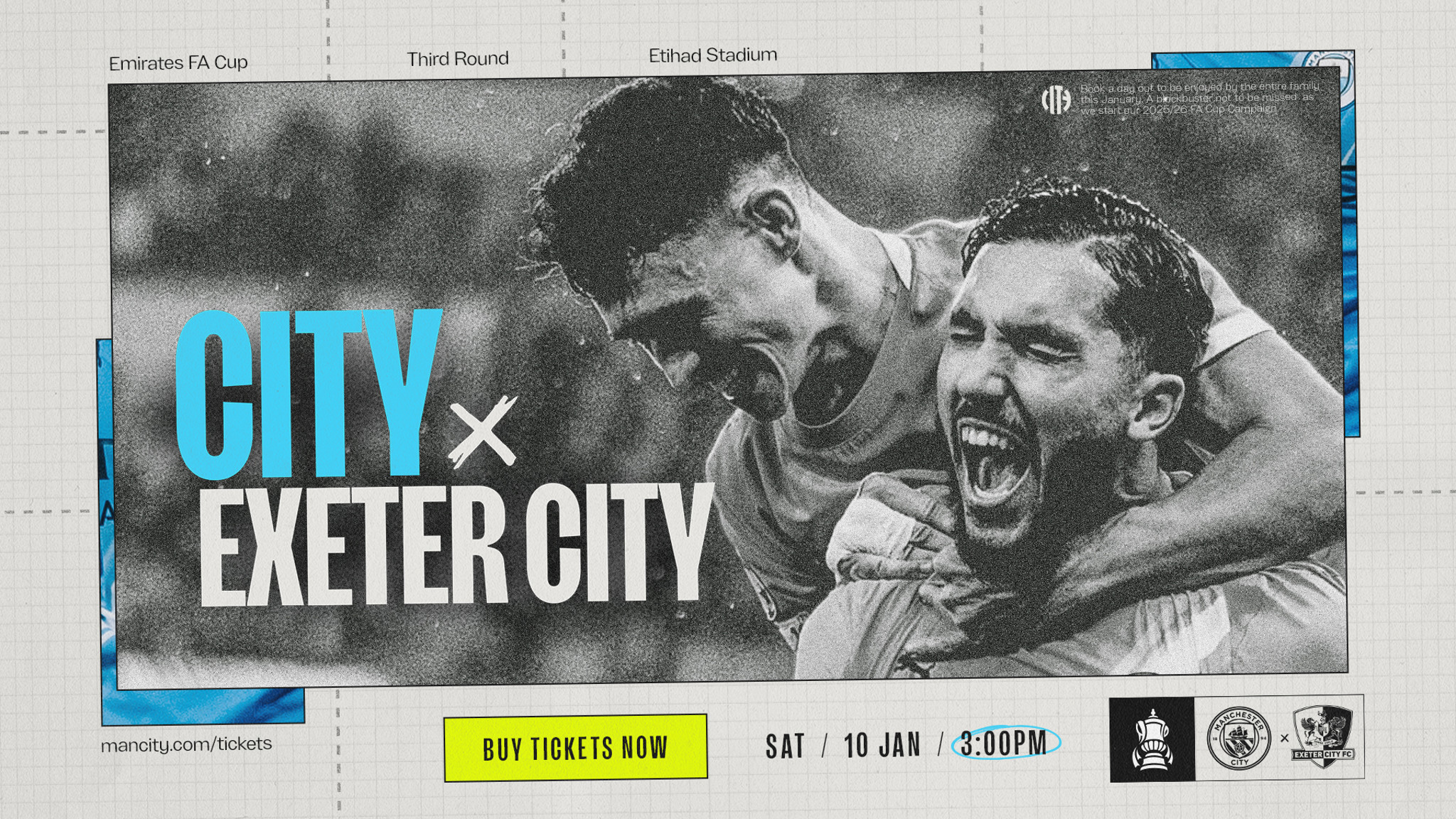 Promotional image for Emirates FA Cup Third Round featuring Manchester City versus Exeter City at Etihad Stadium on January 10th at 3:00 PM. Includes ticket purchase information.