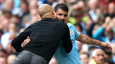 MAN OF THE MATCH: Pep Guardiola shows his appreciation for his hat-trick hero