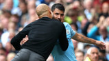 MAN OF THE MATCH: Pep Guardiola shows his appreciation for his hat-trick hero