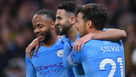 TRIO-MENDOUS: Raheem Sterling and David Silva congratulate Riyad Mahrez on his super strike