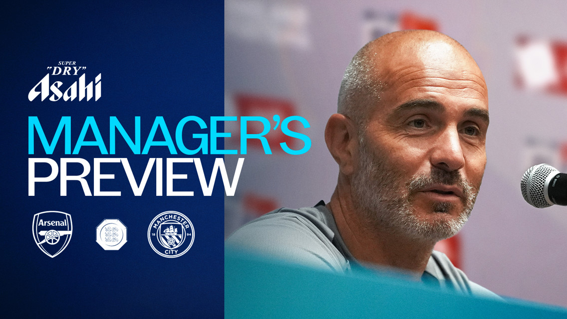 A manager's preview sponsored by Asahi with logos of Arsenal, Manchester City, and a central football emblem. It features a close-up of a man speaking into a microphone.