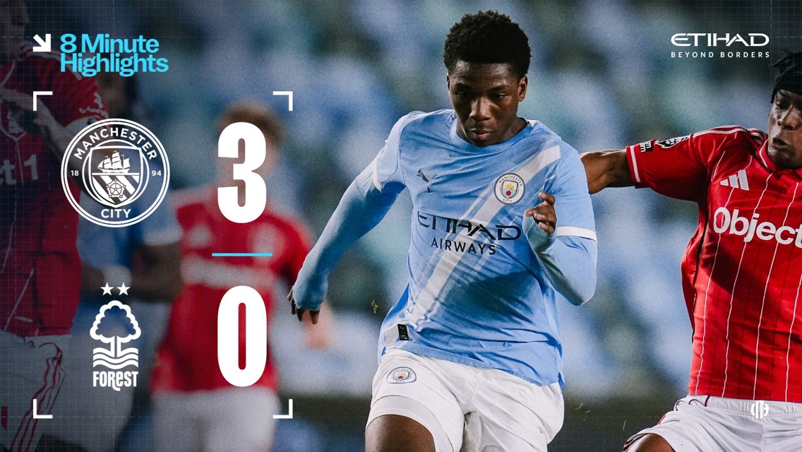 A promotional image highlighting Manchester City's 3-0 victory over Nottingham Forest. It features the Manchester City logo, score details, and a player in action.