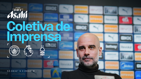 Press conference setup featuring Manchester City and Nottingham Forest logos, with Premier League branding. Located at coordinates 53.4832° N 2.2004° W, presented by Asahi Super Dry.