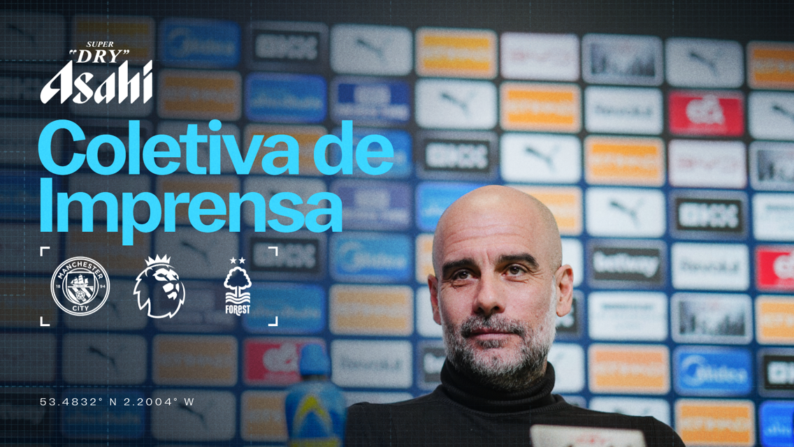 Press conference setup featuring Manchester City and Nottingham Forest logos, with Premier League branding. Located at coordinates 53.4832° N 2.2004° W, presented by Asahi Super Dry.
