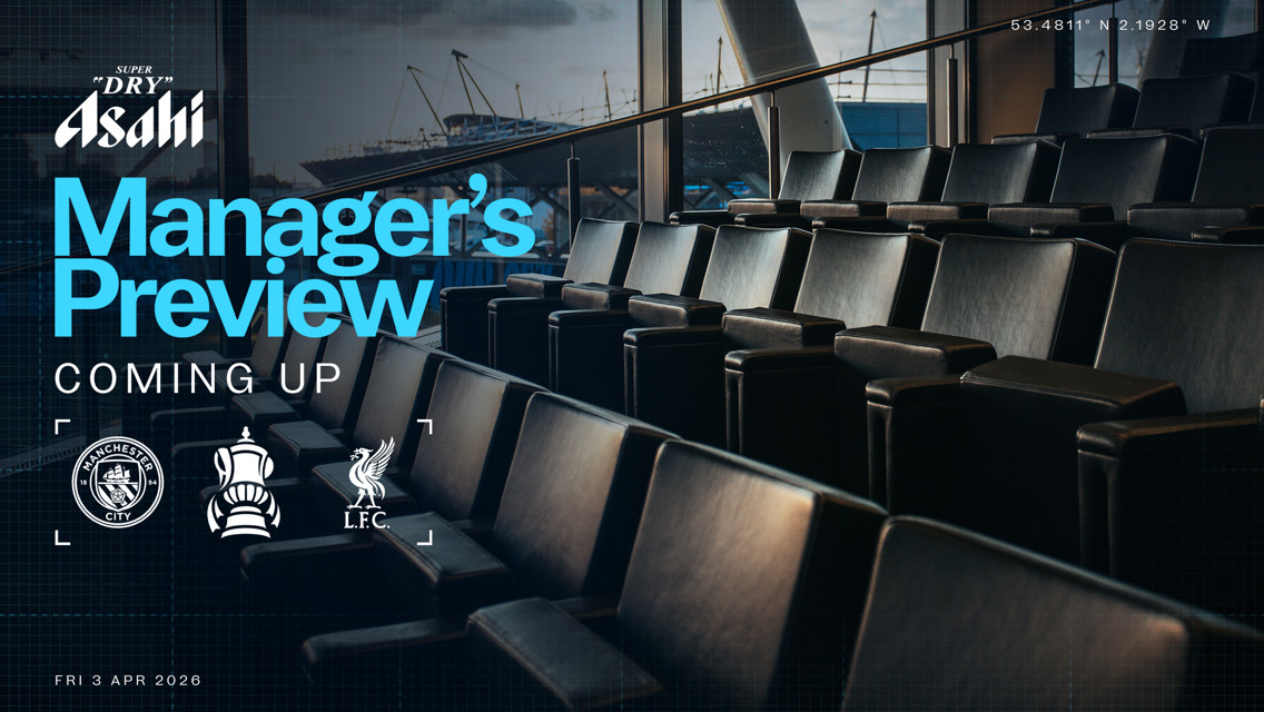 An empty seating area with text overlay promoting a manager's preview for a Manchester City vs Liverpool FA Cup match on Fri 3 Apr 2026. Coordinates 53.4811°N 2.1928°W noted.