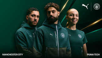 Three individuals wearing Manchester City Puma apparel, with a green and black color scheme and visible club and Puma logos.
