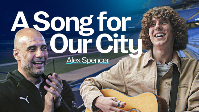 Music header featuring text 'A Song for Our City' with 'Alex Spencer' at a stadium, containing two individuals and a guitar.