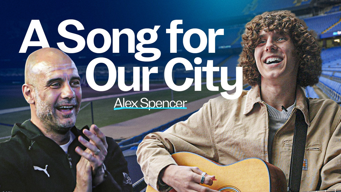 Music header featuring text 'A Song for Our City' with 'Alex Spencer' at a stadium, containing two individuals and a guitar.