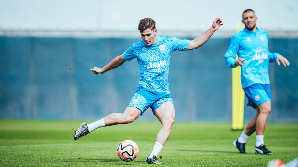 STRIKE : Julian Alvarez puts his foot through the ball
