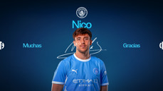 A Manchester City thank you graphic featuring a player in a blue jersey, with 'Muchas Gracias' and 'Nico' written above.