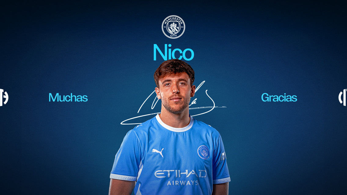 A Manchester City thank you graphic featuring a player in a blue jersey, with 'Muchas Gracias' and 'Nico' written above.