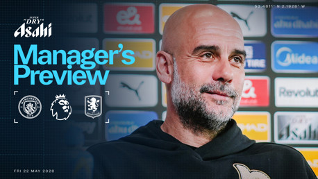 Promotional image for a Manchester City manager's preview featuring logos of Manchester City and Aston Villa, dated Friday, May 22, 2026.