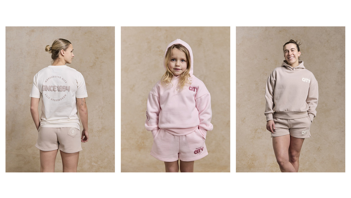 Models displaying Manchester City branded casual wear, including t-shirts and hoodies in neutral tones.