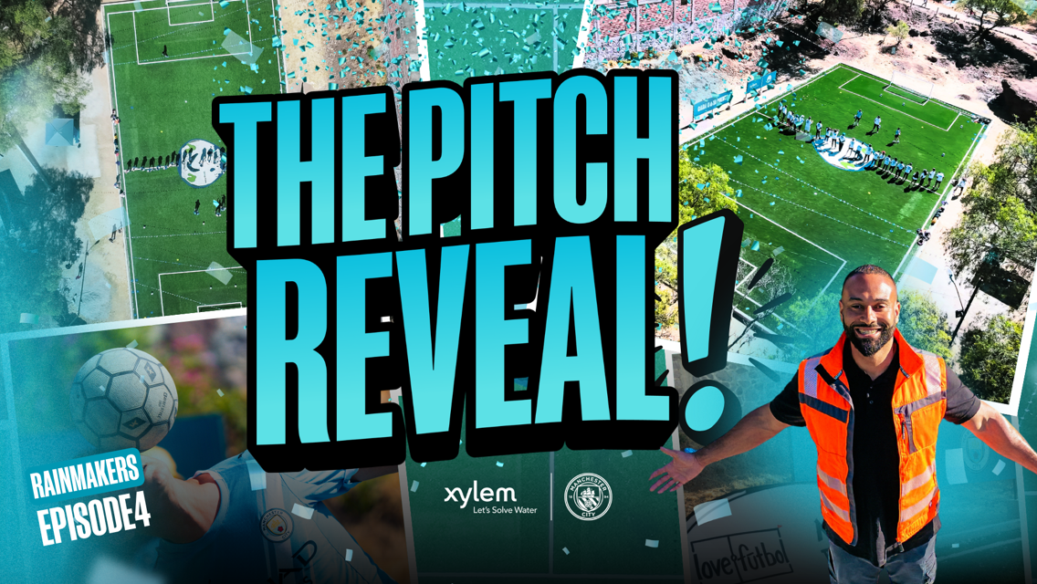 An advertisement featuring 'The Pitch Reveal!' for Rainmakers Episode 4, showing a football pitch and a construction worker. Includes logos for Xylem and Manchester City.