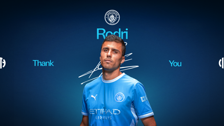 Image featuring a Manchester City player in a blue kit with 'Rodri' and 'Thank You' text.