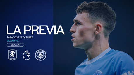 Match preview for Aston Villa vs Manchester City on Saturday, October 24th at Villa Park, kickoff at 12:30 UK time. Image includes player and logos of Aston Villa, Premier League, and Manchester City.