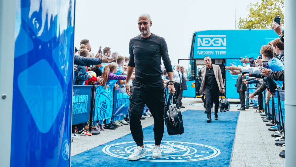 LEADING FROM THE FRONT : The boss leads the team into the Etihad.