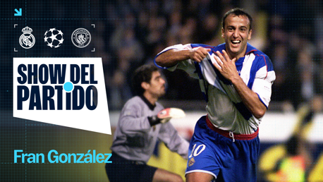 Image featuring two blurred faces, Real Madrid and Manchester City logos, UEFA Champions League logo, and text 'SHOW DEL PARTIDO' and 'Fran González'.