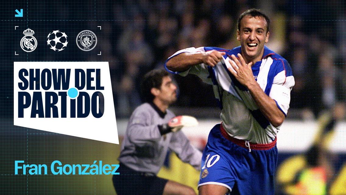 Image featuring two blurred faces, Real Madrid and Manchester City logos, UEFA Champions League logo, and text 'SHOW DEL PARTIDO' and 'Fran González'.