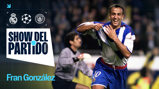 Image featuring two blurred faces, Real Madrid and Manchester City logos, UEFA Champions League logo, and text 'SHOW DEL PARTIDO' and 'Fran González'.