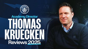 Image featuring text about Manchester City's Academy Director Thomas Kruecken reviewing 2025 with Manchester City logo.