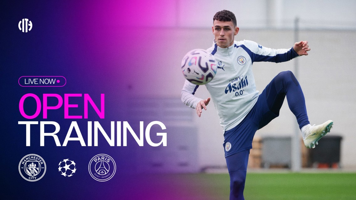Graphic promoting live open training featuring Manchester City and Paris Saint Germain logos, UEFA Champions League logo, and a player in training action.
