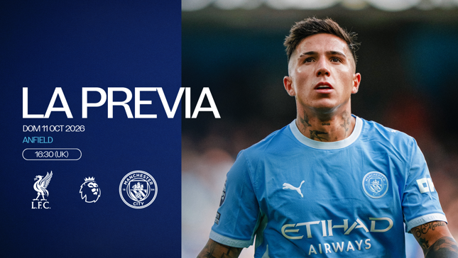 Preview for the match between Liverpool and Manchester City at Anfield on October 11, 2026, at 16:30 UK time. The visual includes a Manchester City player in a light blue kit.