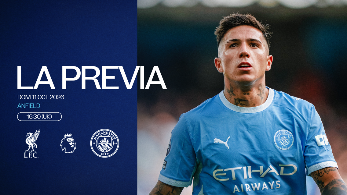 Preview for the match between Liverpool and Manchester City at Anfield on October 11, 2026, at 16:30 UK time. The visual includes a Manchester City player in a light blue kit.
