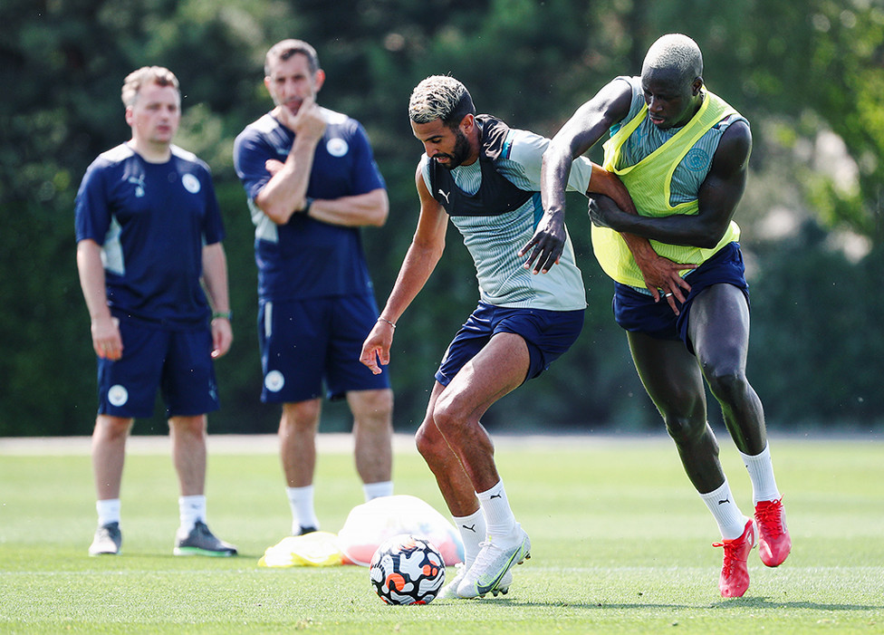 EYES ON THE PRIZE: Riyad Mahrez and Benjamin Mendy contest possession