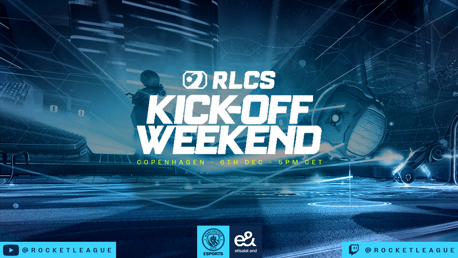 Rocket League RLCS Kick-Off Weekend event in Copenhagen on December 6th at 5 PM CET. Features logos for Manchester City Esports and etisalat and social media handles for Rocket League.