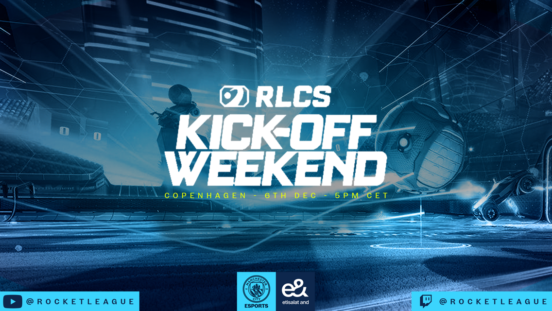 Rocket League RLCS Kick-Off Weekend event in Copenhagen on December 6th at 5 PM CET. Features logos for Manchester City Esports and etisalat and social media handles for Rocket League.