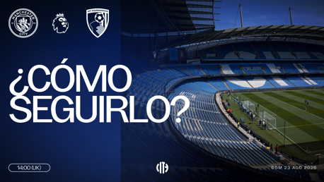 Matchday graphic for Manchester City vs AFC Bournemouth at Etihad Stadium on Sunday, 23 August 2026, 14:00 UK time. Includes club logos and Premier League logo.