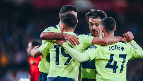 FANTASTIC FOUR: Foden, Rodri and Grealish celebrate with Alvarez.