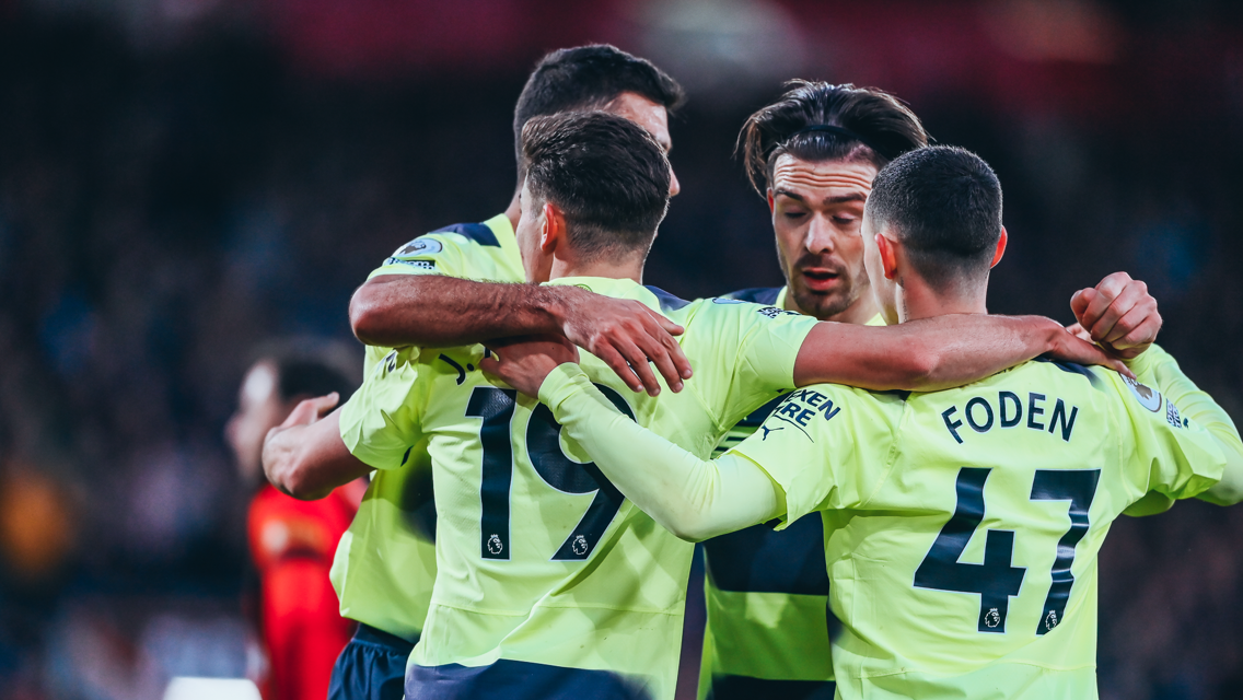 FANTASTIC FOUR: Foden, Rodri and Grealish celebrate with Alvarez.