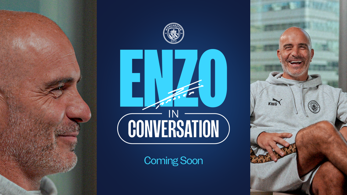 Two photos of a smiling bald man, with text 'Enzo in Conversation Coming Soon' featuring the Manchester City logo.