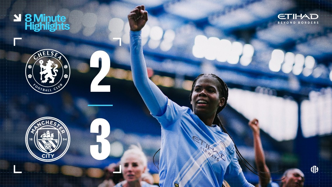 Scoreboard showing Chelsea 2 - 3 Manchester City with a Manchester City player celebrating.