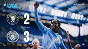 Scoreboard showing Chelsea 2 - 3 Manchester City with a Manchester City player celebrating.