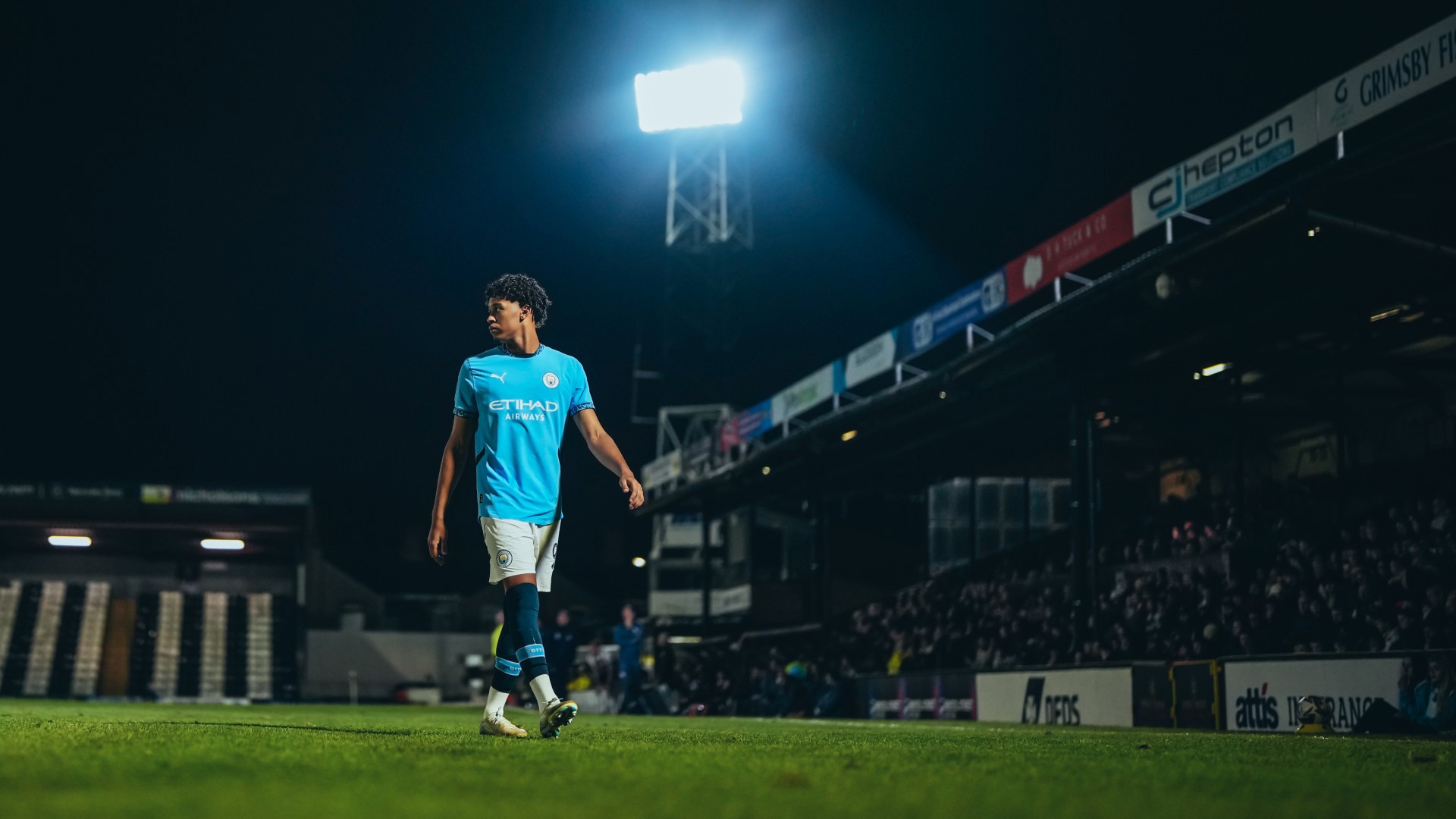 IN THE SPOTLIGHT : Emilio Lawrence under the Blundell Park lights. 