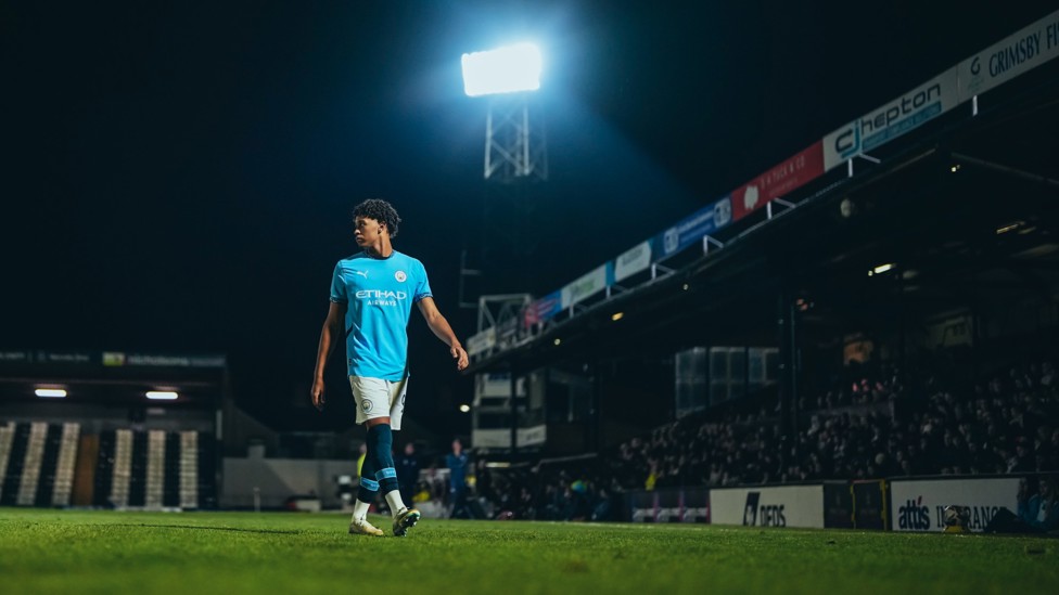 IN THE SPOTLIGHT : Emilio Lawrence under the Blundell Park lights. 