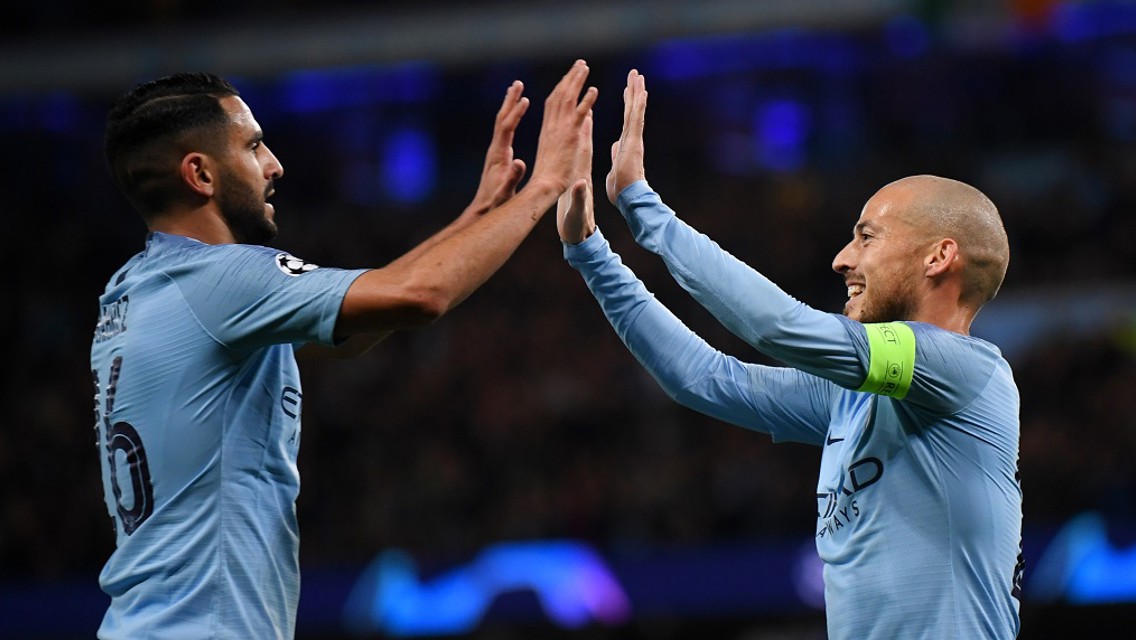 HIGH FIVE: Riyad Mahrez congratulates David Silva on his opener