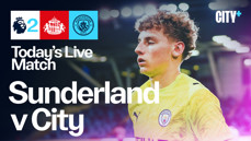 Promotional image for a live match between Sunderland AFC and Manchester City featuring the Premier League logo, club crests, the words 'Today's Live Match Sunderland v City' and the City+ logo.