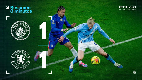 An image showing a football match between Manchester City and Chelsea. It displays the score as 1-1 and emphasizes a summary in 8 minutes, with Manchester City and Chelsea logos included.