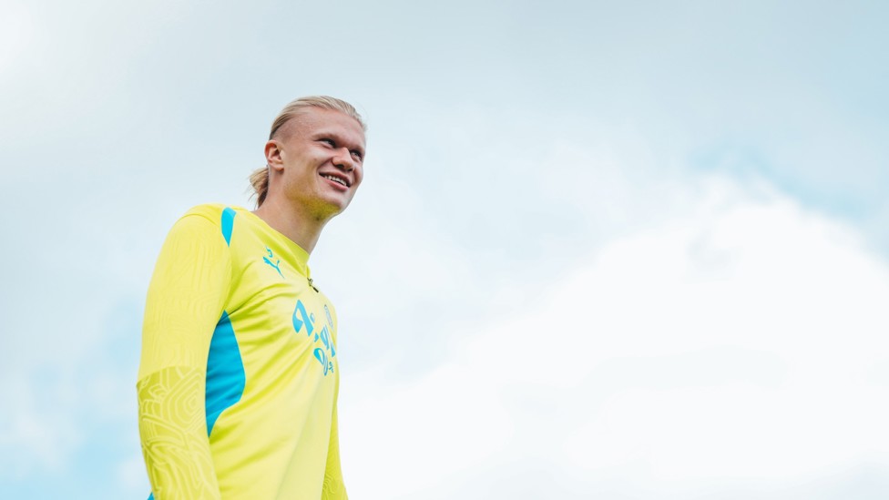 UP IN THE SKY  : Erling Haaland keeps an eye on proceedings. 